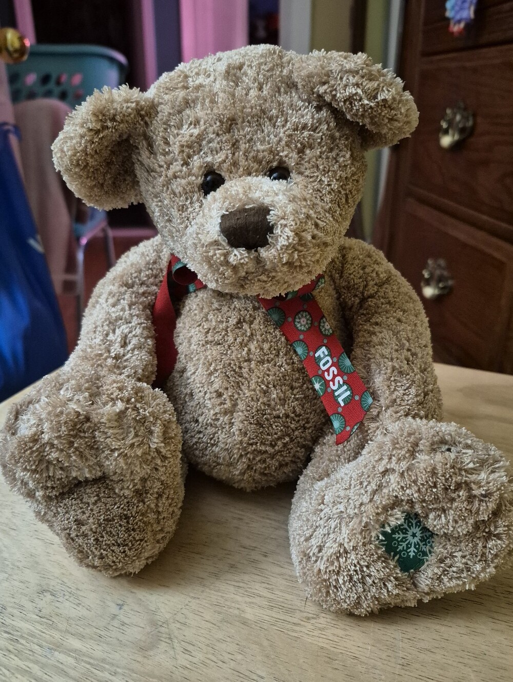 Vintage Fossil Rare Brown Christmas Teddy Bear 12” Snowflake Ribbon Bow Plush